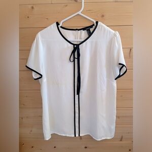 White Tie-Neck Blouse with Black Trim - Women’s Top